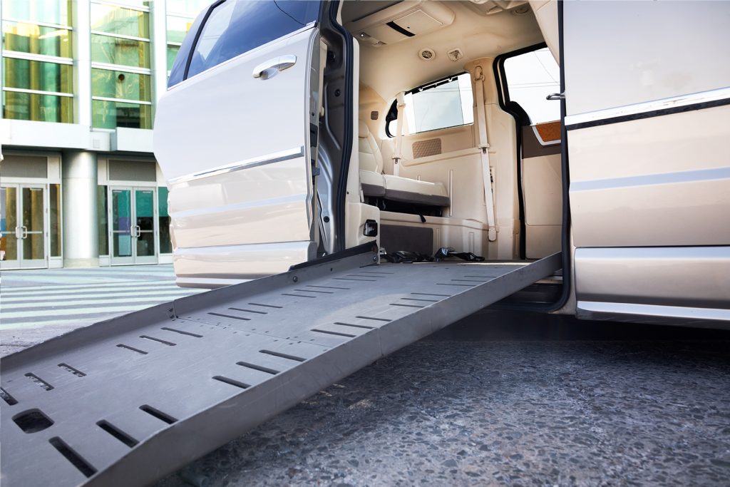 ADA Compliant Van with Ramp down in front of anaheim convention center